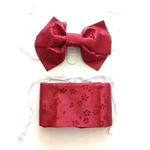 Japanese Traditional Pre-tied Red Jacquard Kimono Bow and Obi Belt